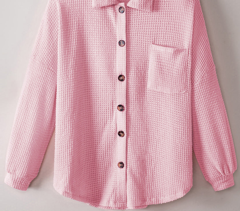 Waffle-Knit Collared Neck Long Sleeve Shirt