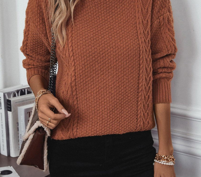 Cable-Knit Mock Neck Long Sleeve Sweater