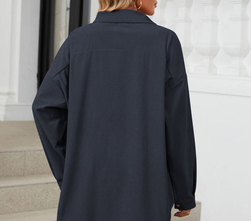 Collared Neck Long Sleeve Dropped Shoulder Shirt