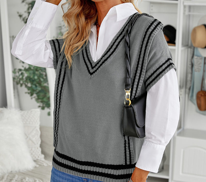 Striped Trim V-Neck Sweater Vest