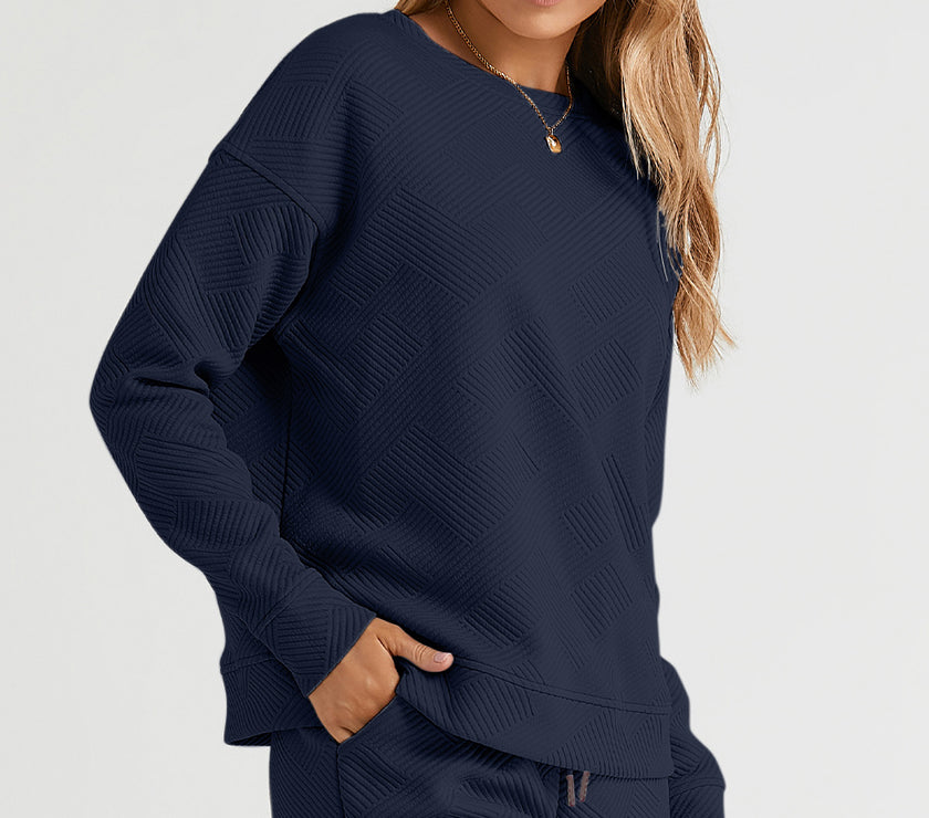 Double Take Full Size Texture Long Sleeve Top and Drawstring Shorts Set