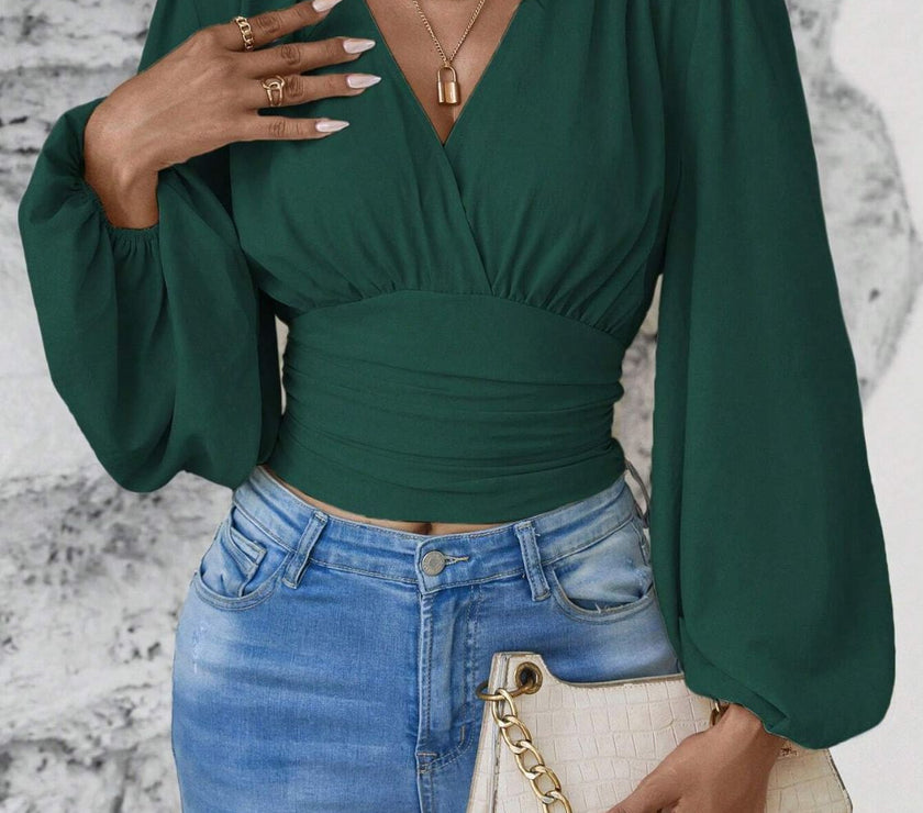 Smocked Surplice Balloon Sleeve Top