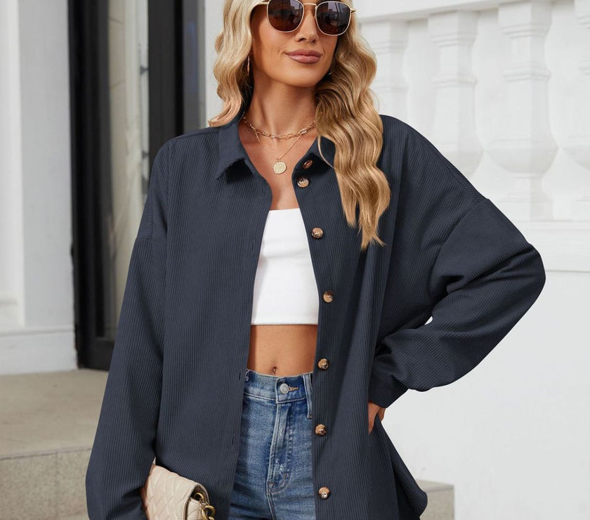 Collared Neck Long Sleeve Dropped Shoulder Shirt