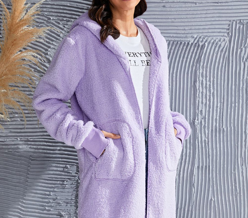 Double Take Full Size Hooded Teddy Bear Jacket with Thumbholes