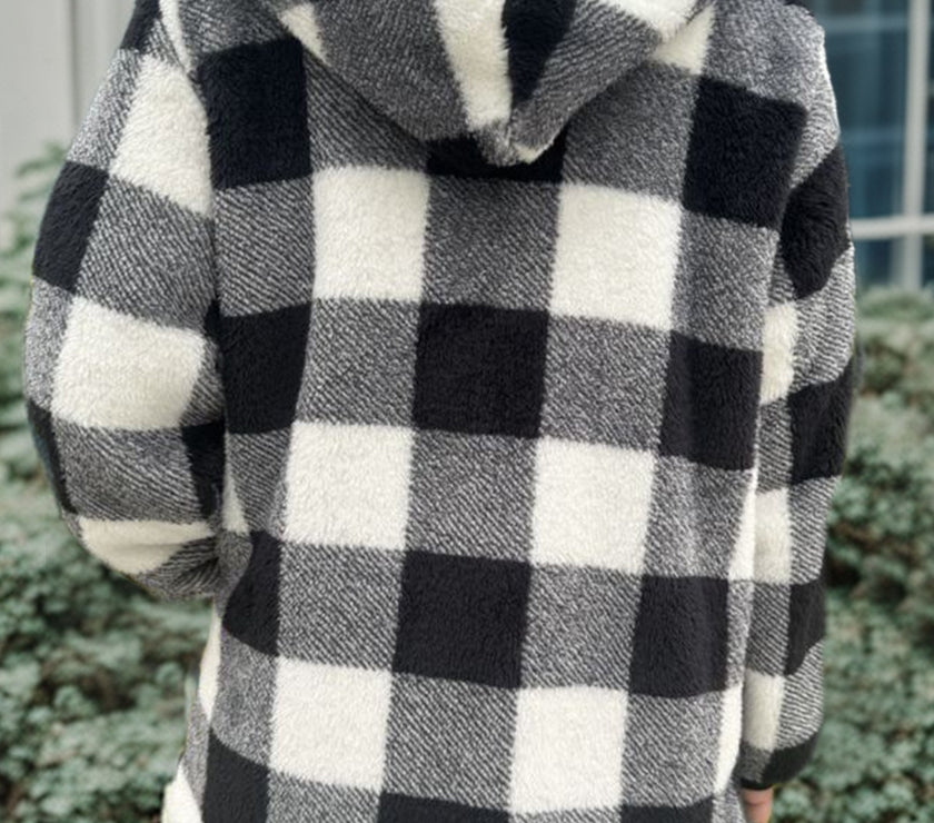 Double Take Full Size Plaid Long Sleeve Hooded Coat