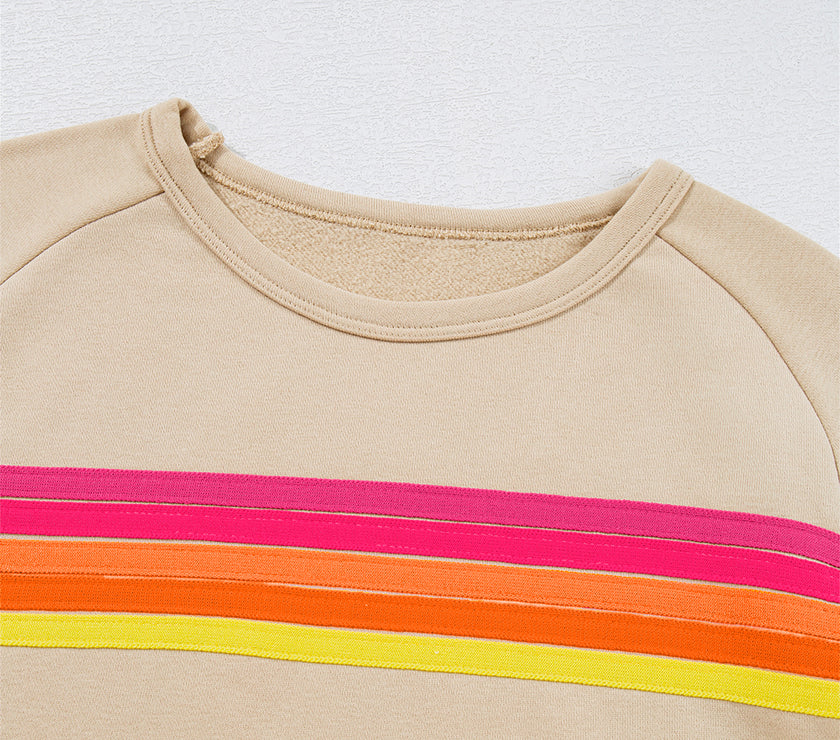 Apricot Striped Accent Pullover and Shorts Two Piece Casual Set