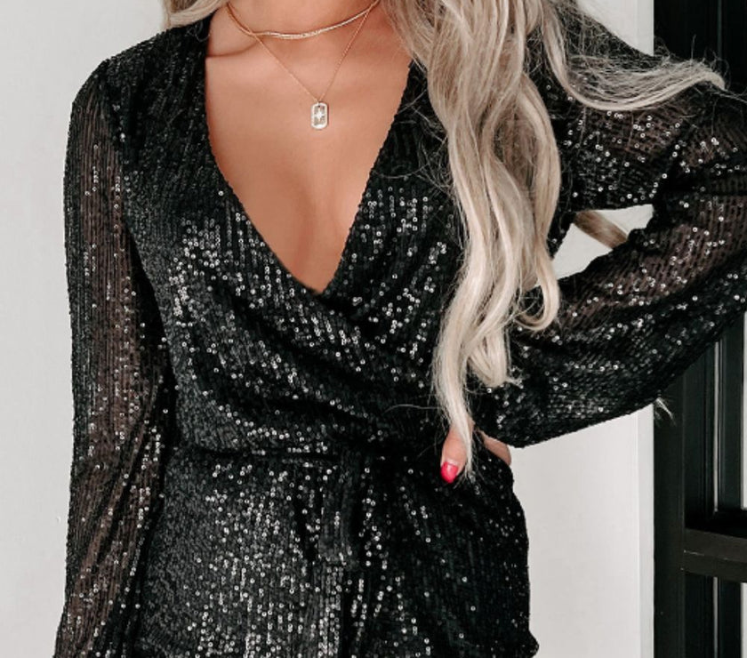 Sequin Surplice Long Sleeve Romper