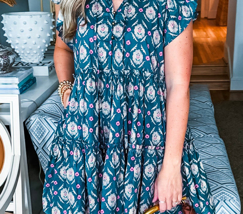 Blue Retro Floral Print Split Neck Ruffle Short Sleeve Dress