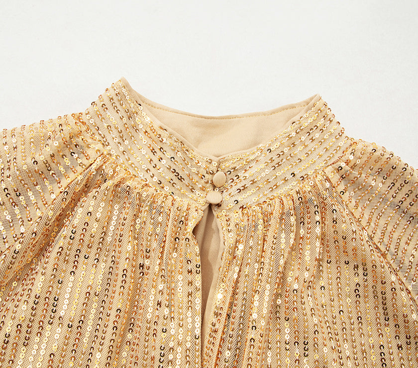 Gold Metallic Balloon Sleeve Buttoned High Neck Loose Blouse