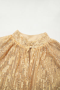 Gold Metallic Balloon Sleeve Buttoned High Neck Loose Blouse