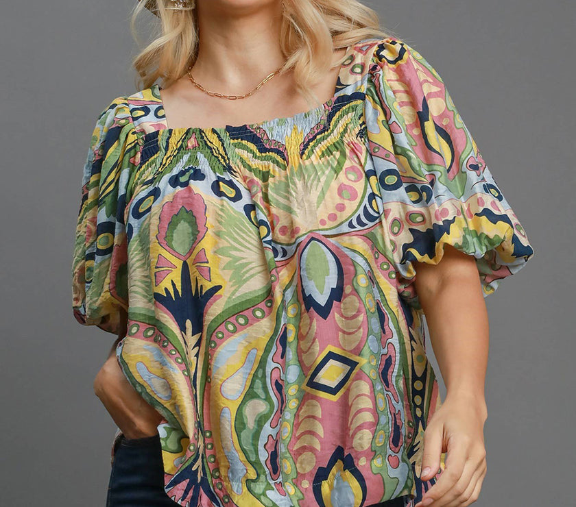 Umgee Full Size Abstract Print Smocked Square Neck Puff Sleeve Blouse
