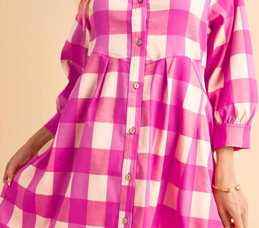 Ruched Plaid Three-Quarter Sleeve Shirt Dress