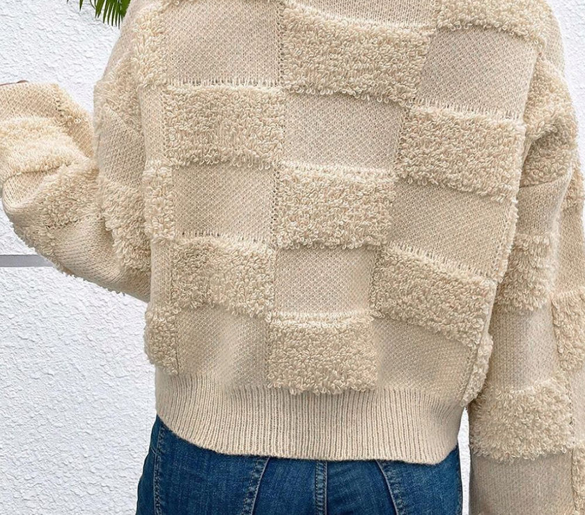 Checkered Round Neck Dropped Shoulder Sweater