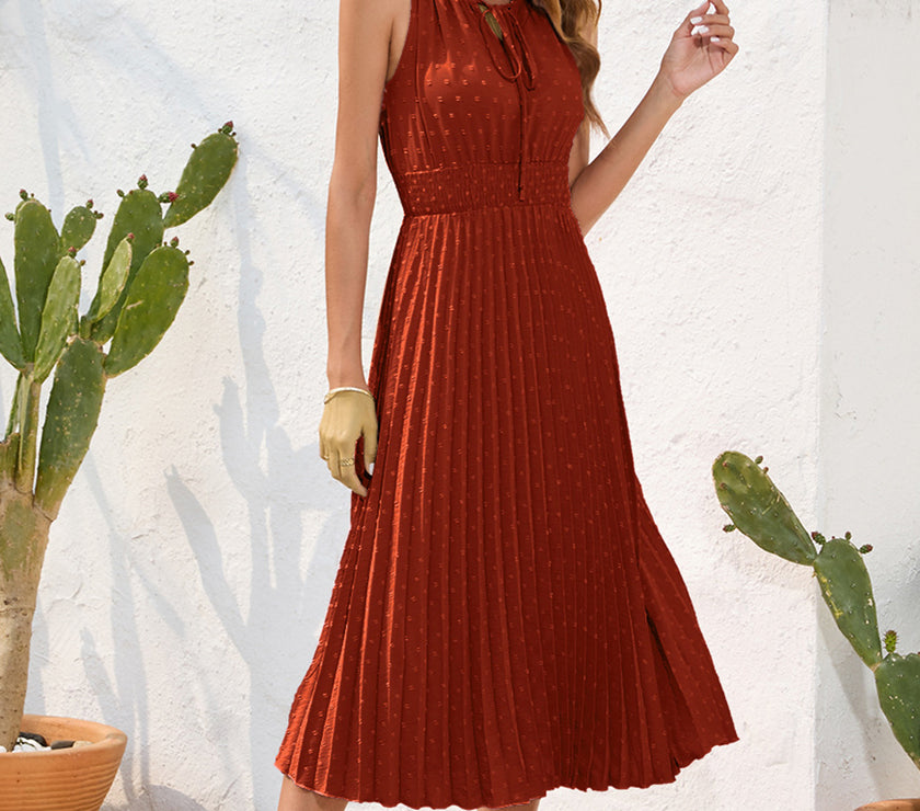 Swiss Dot Tie Neck Sleeveless Dress