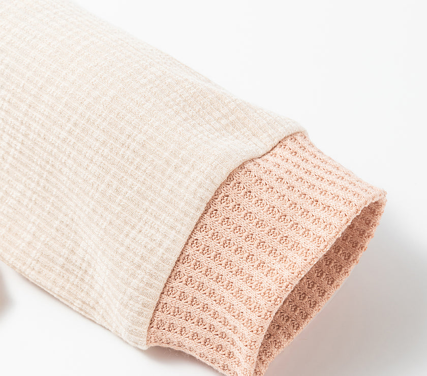 Waffle-Knit Color Block Half Button Long Sleeve Top