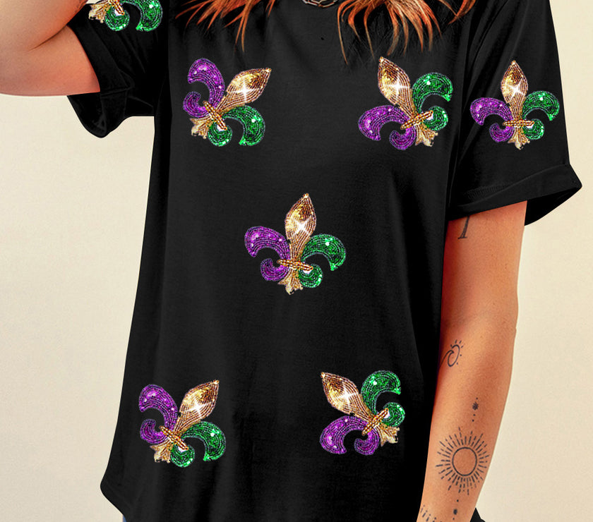Black Mardi Gras Symbol Patched Crewneck T Shirt