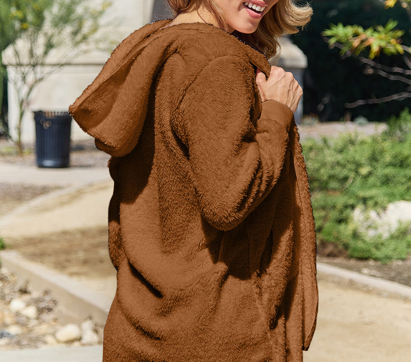 Full Size Teddy Hooded Jacket with Pockets