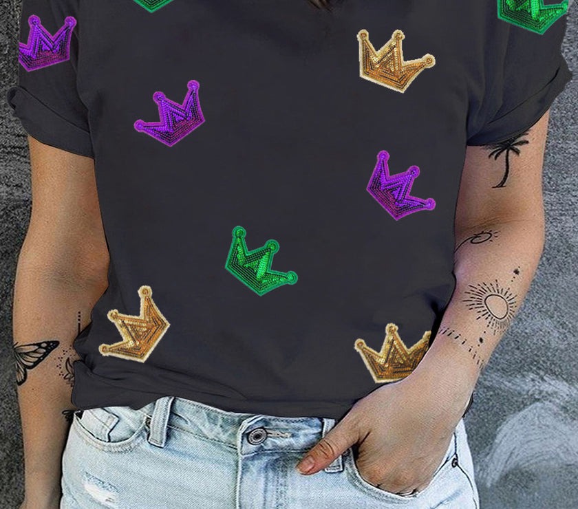 Plus Size Sequin Crown Print Round Neck T-Shirt
