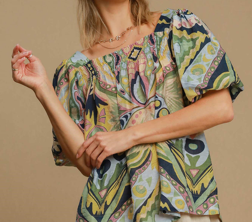 Umgee Full Size Abstract Print Smocked Square Neck Puff Sleeve Blouse