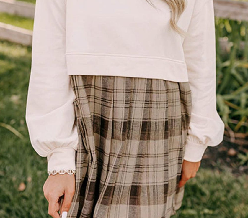 Plaid Round Neck Long Sleeve Mini Dress