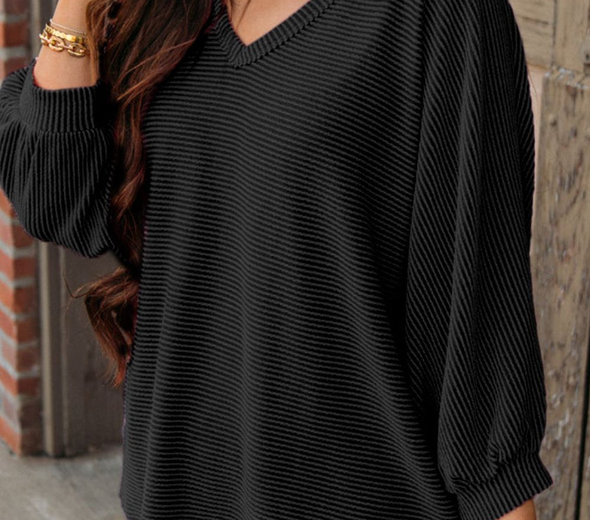 Texture V-Neck Long Sleeve Top