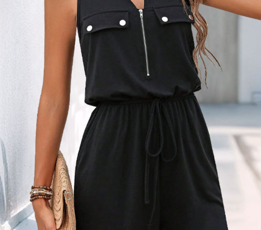 Perfee Drawstring Half Zip Sleeveless Romper