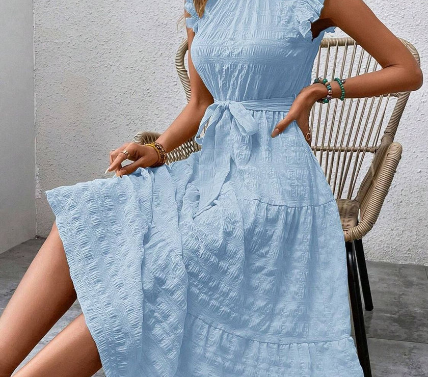 Tied Ruffled Cap Sleeve Midi Dress