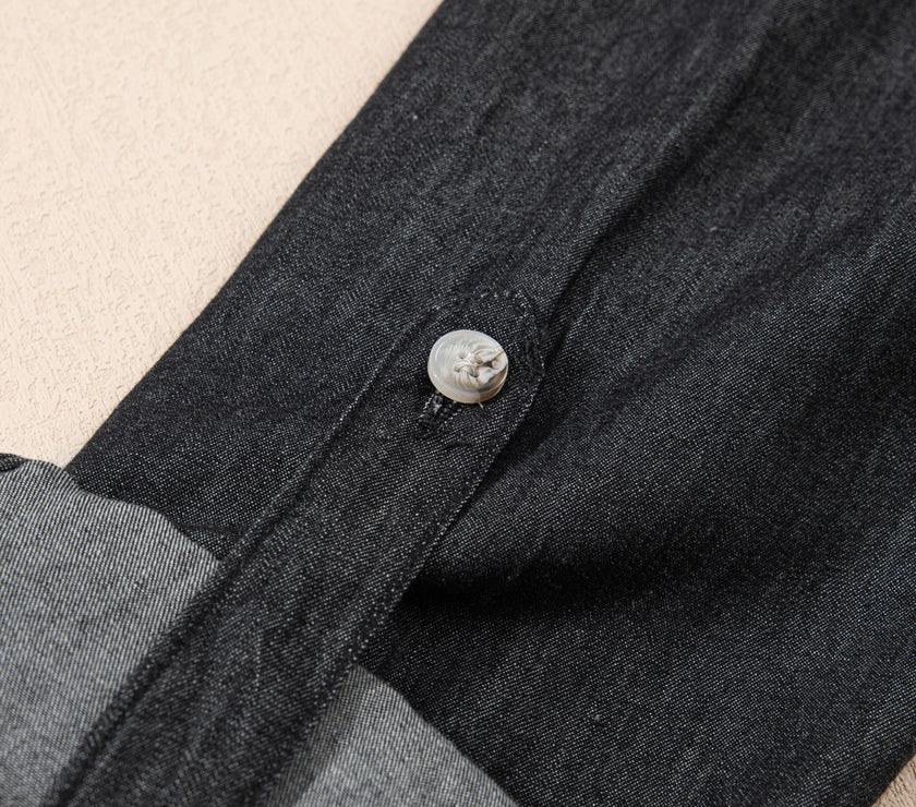 Pocketed Collared Neck Long Sleeve Denim Top