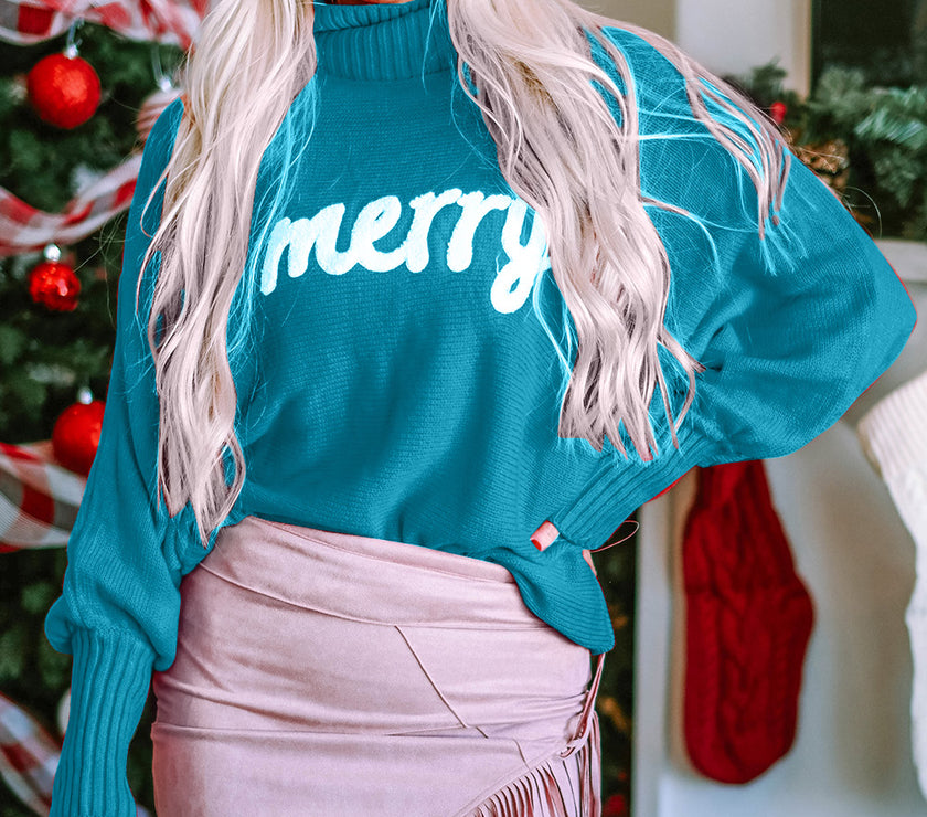 Double Take Full Size Merry Christmas Turtleneck Long Sleeve Sweater