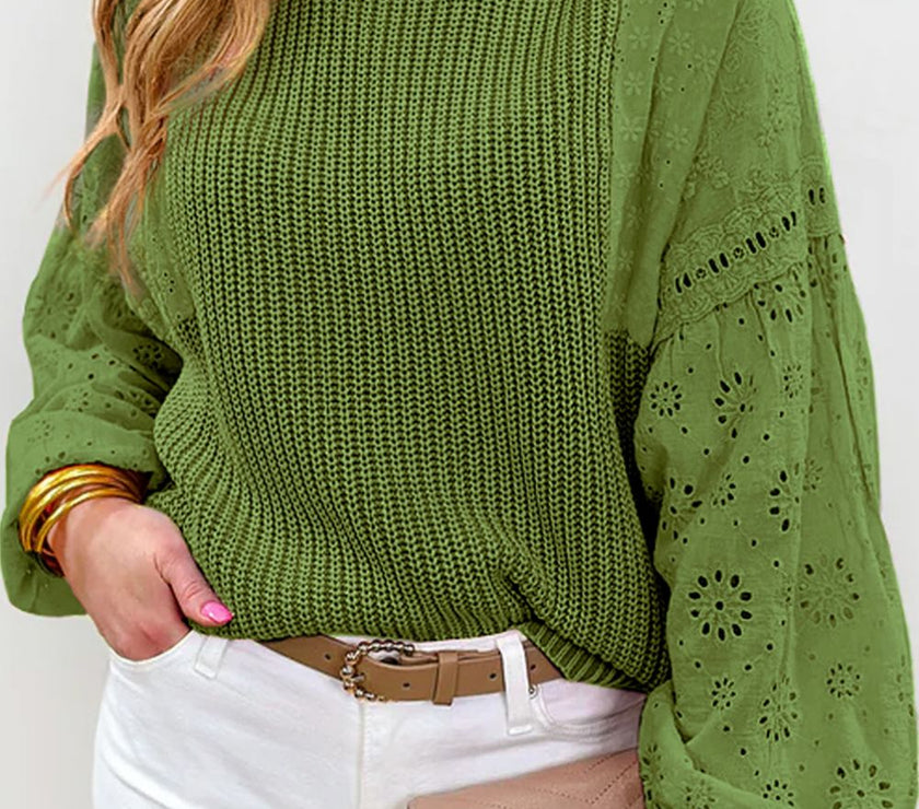 Eyelet Round Neck Drop Shoulder Sweater