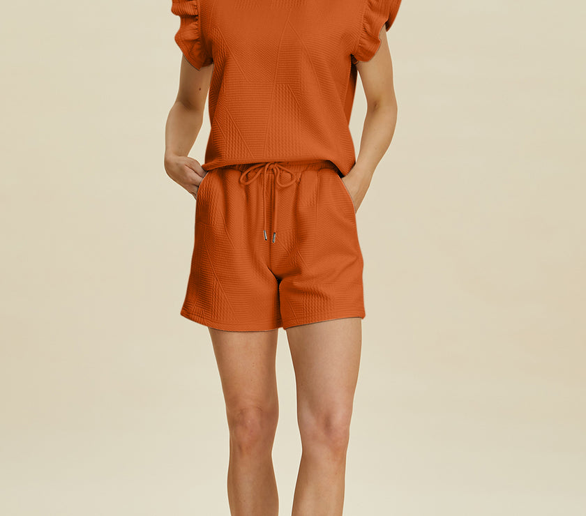 Double Take Full Size Texture Round Neck Ruffle Sleeve Top and Shorts Set