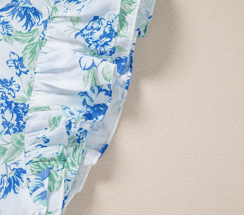 Sky Blue Floral Print Ruffle Sleeve Frilly Button Up Shirt