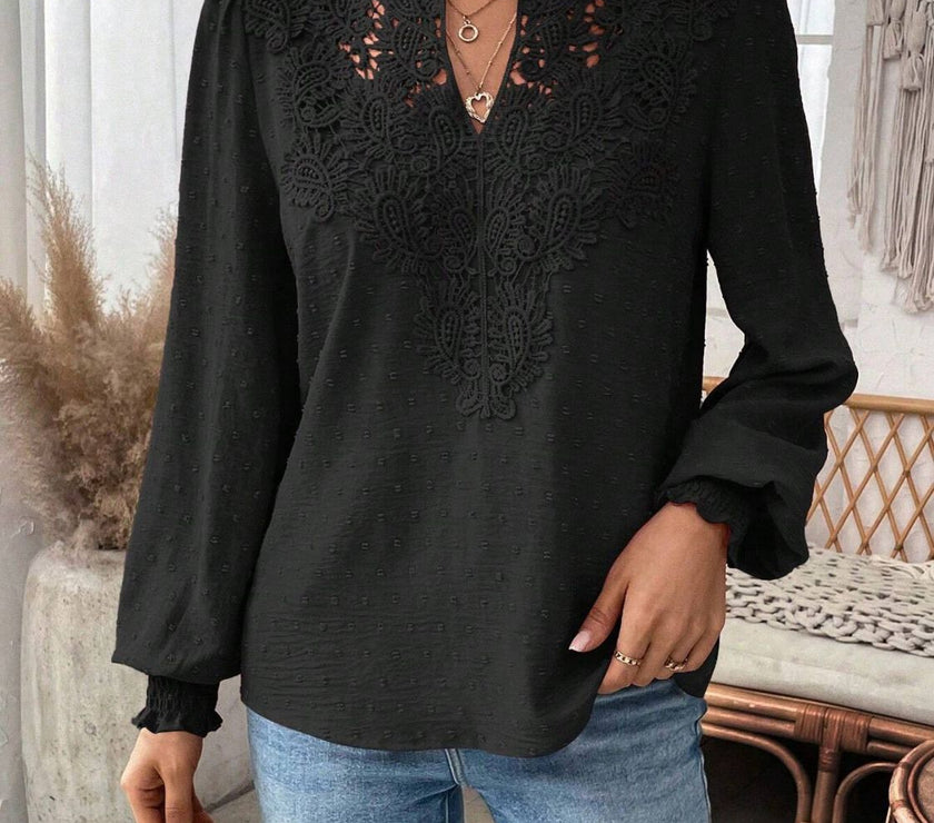 Swiss Dot Lace Detail Notched Long Sleeve Blouse