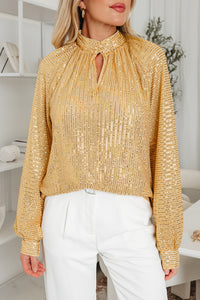 Gold Metallic Balloon Sleeve Buttoned High Neck Loose Blouse