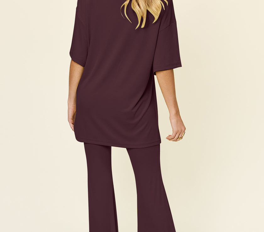 Double Take Full Size Round Neck Drop Shoulder T-Shirt and Flare Pants Set