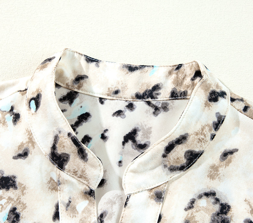 Khaki Leopard Print Buttoned Front 3/4 Sleeve Tiered Ruffled Hem Dress