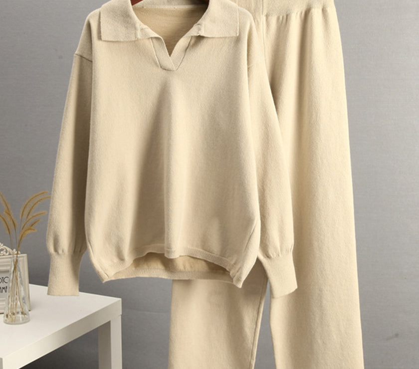 Johnny Collar Long Sleeve Top and Pants Sweater Set