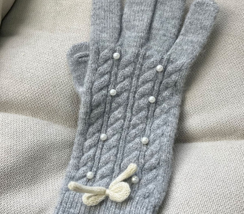 Thermal Pearl Detail Bow Five-Finger Gloves