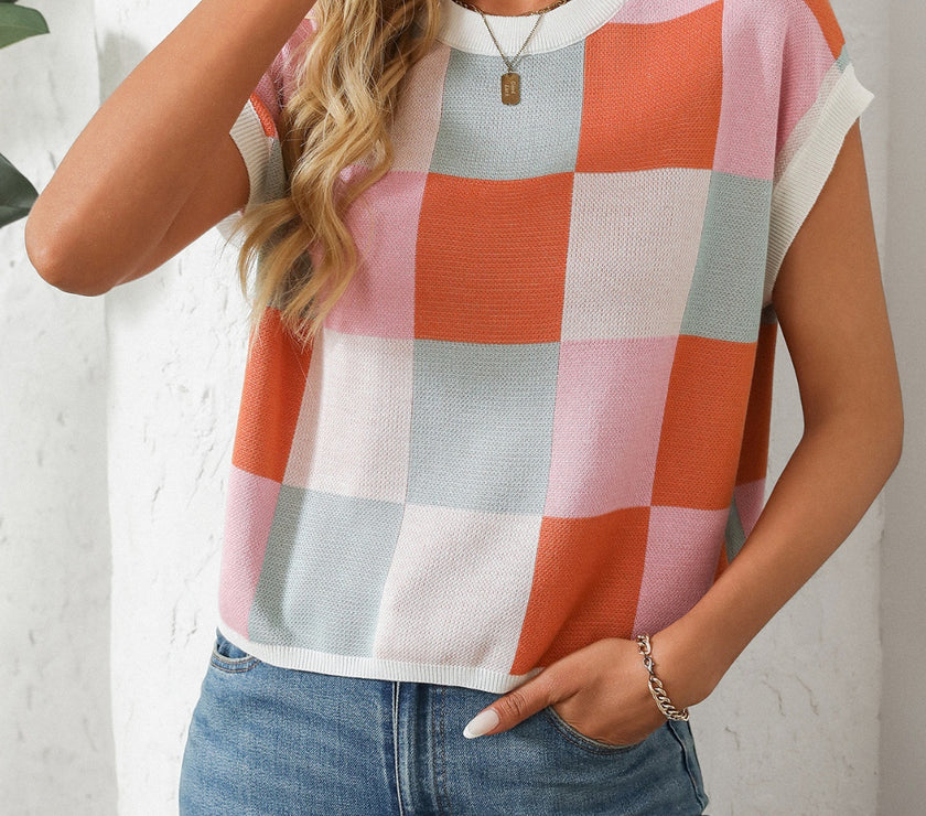 Mandy Checkered Round Neck Cap Sleeve Knit Top