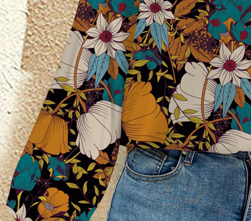 FAM-FAM Printed Notched Long Sleeve Blouse