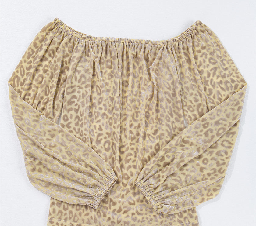 Beige Leopard Velvet Burnout Off Shoulder Long Sleeve Blouse