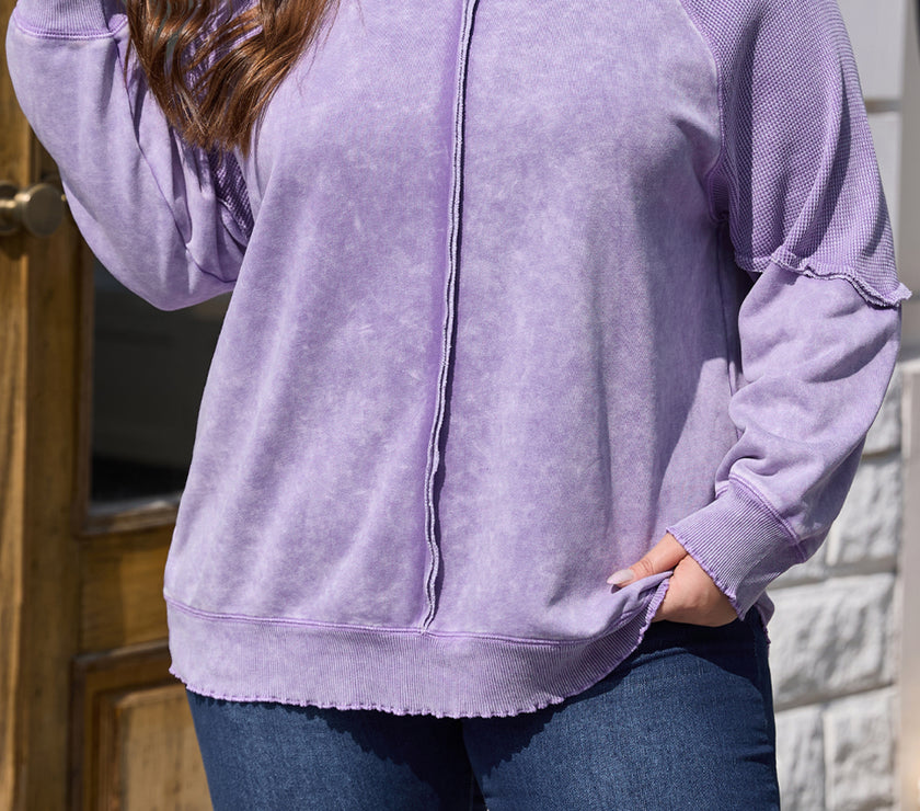 Orchid Petal Textured Patchwork Frilled Trim Plus Size Pullover Sweatshirt