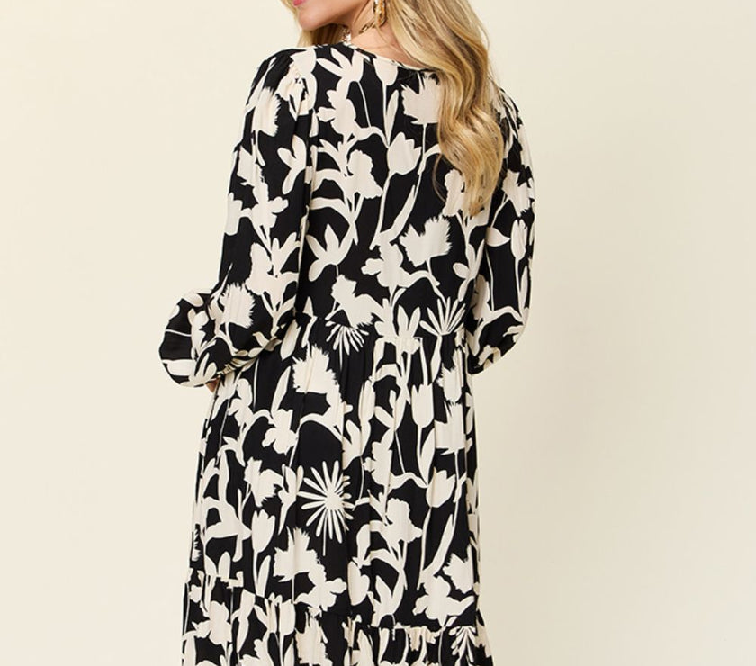 Double Take Full Size Printed Ruffle Hem Dress with Pocket