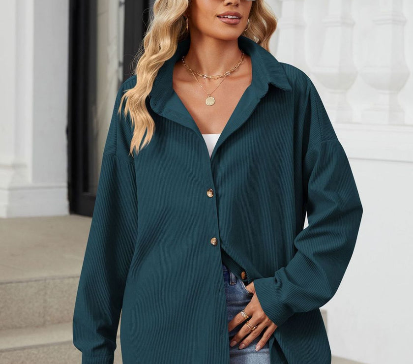 Collared Neck Long Sleeve Dropped Shoulder Shirt