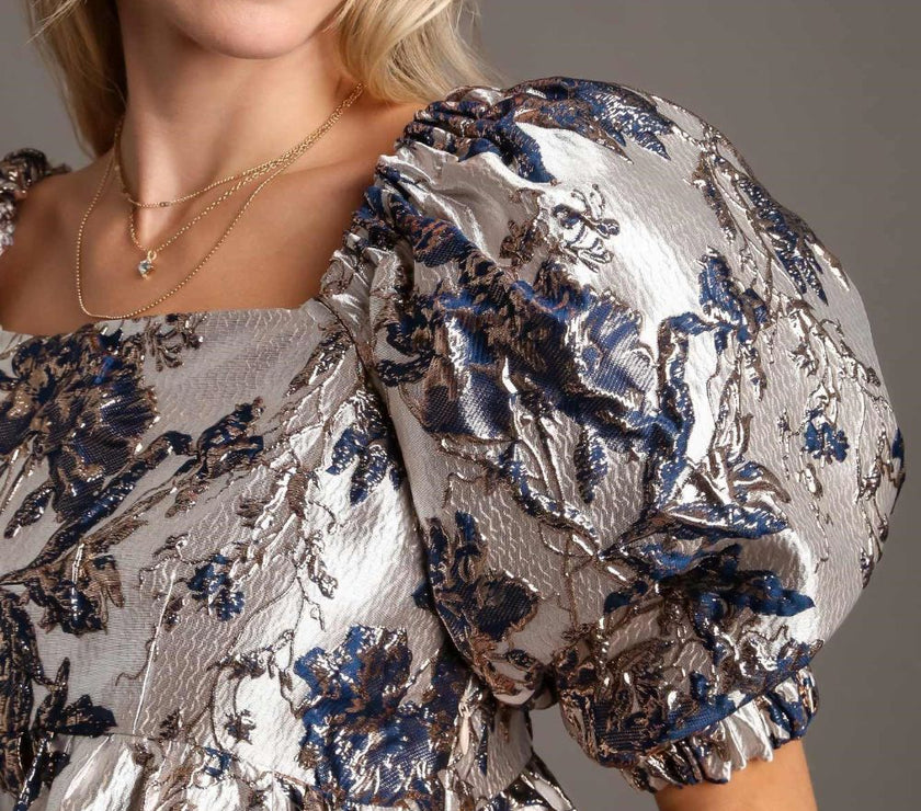 Umgee Metallic Jacquard Puff Sleeve Dress