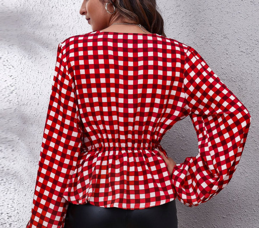 Ruched Printed V-Neck Long Sleeve Blouse