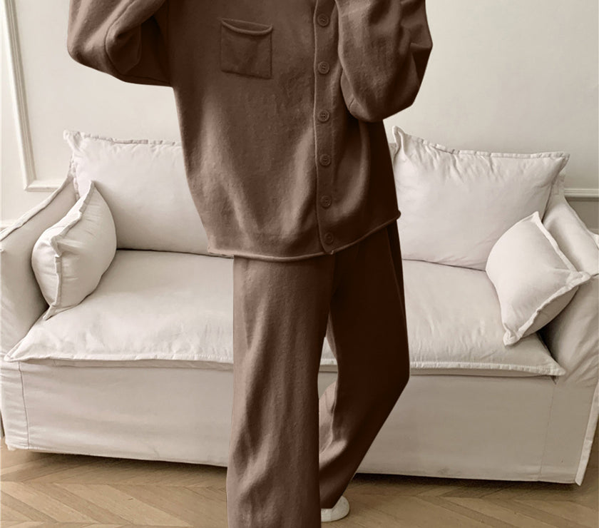 Pocketed Round Neck Button Up Cardigan and Pants Sweater Set