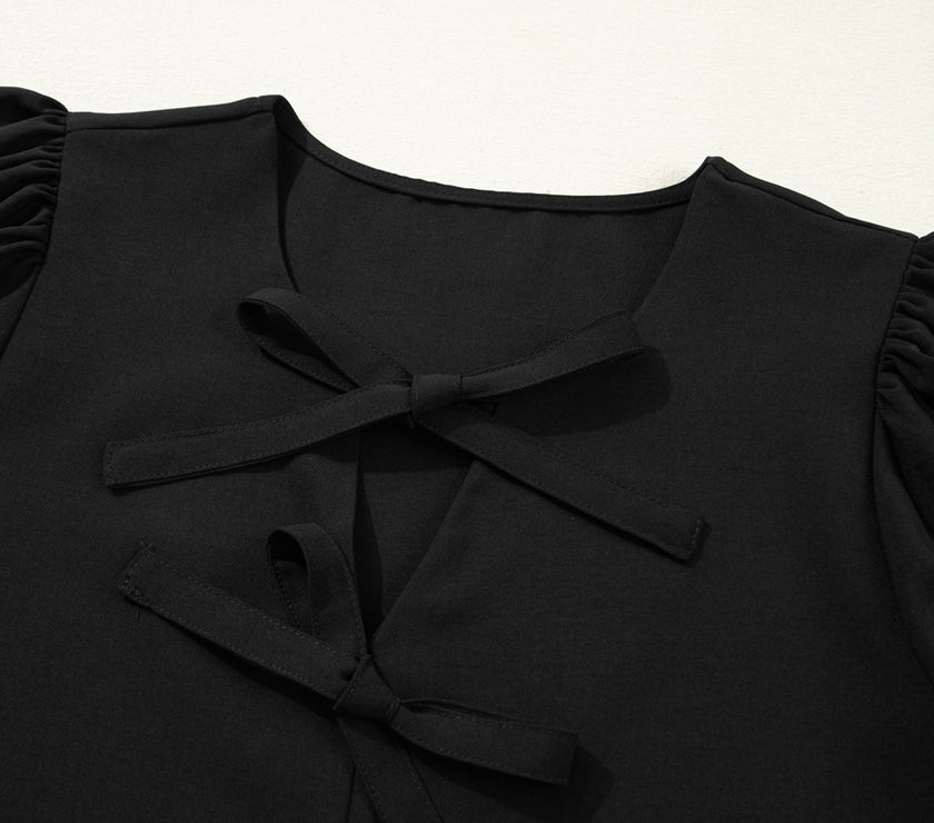 Black Puff Sleeve Bowknot Front Peplum Blouse