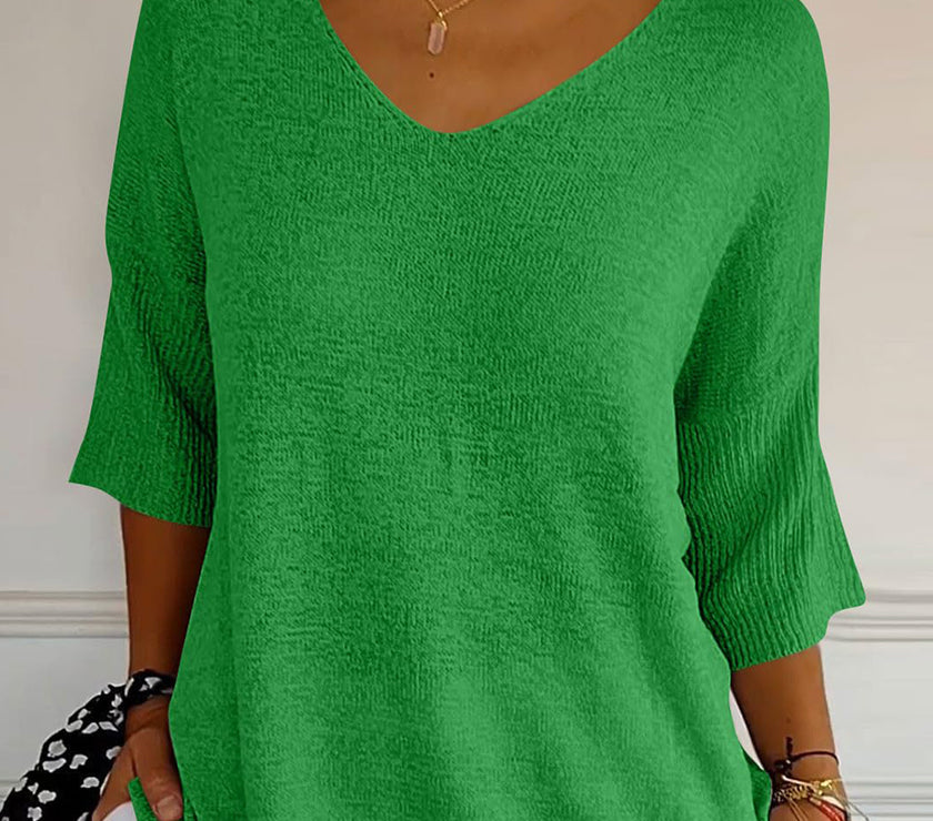 V-Neck Three-Quarter Sleeve Knit Top