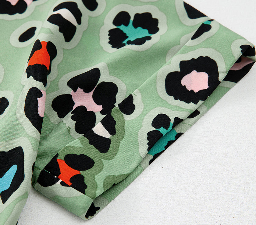 Green Leopard Print Short Sleeve Shirt and Wide Leg Pants Set